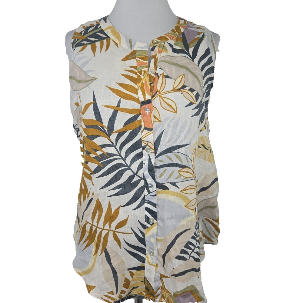 C&C California Women's XS 100% Linen Tropical Palm Print Button Sleeveless ‎ Top